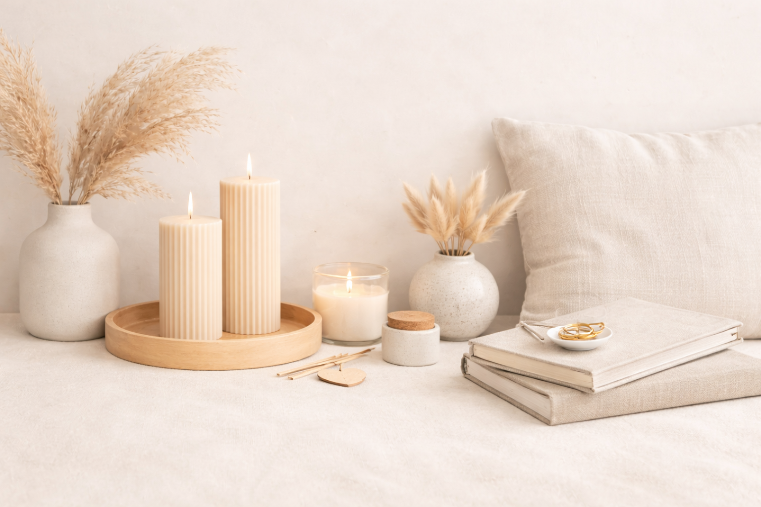 A calm Scandinavian bedroom with beige linens, pampas grass, candles, and stacked books — warm neutral tones and minimalist styling.