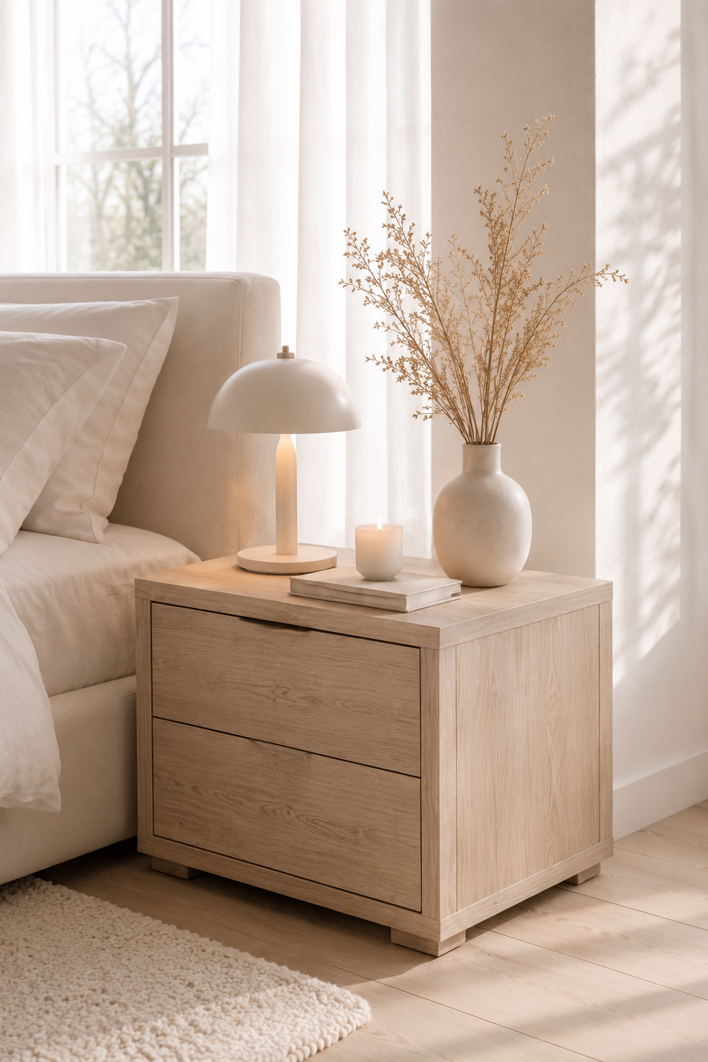 Minimal bedside table with a warm white dome lamp, lit candle, stacked books and a ceramic vase with dried branches beside a bed with white bedding, styled in soft natural light through sheer curtains for a calm, neutral Scandinavian look.