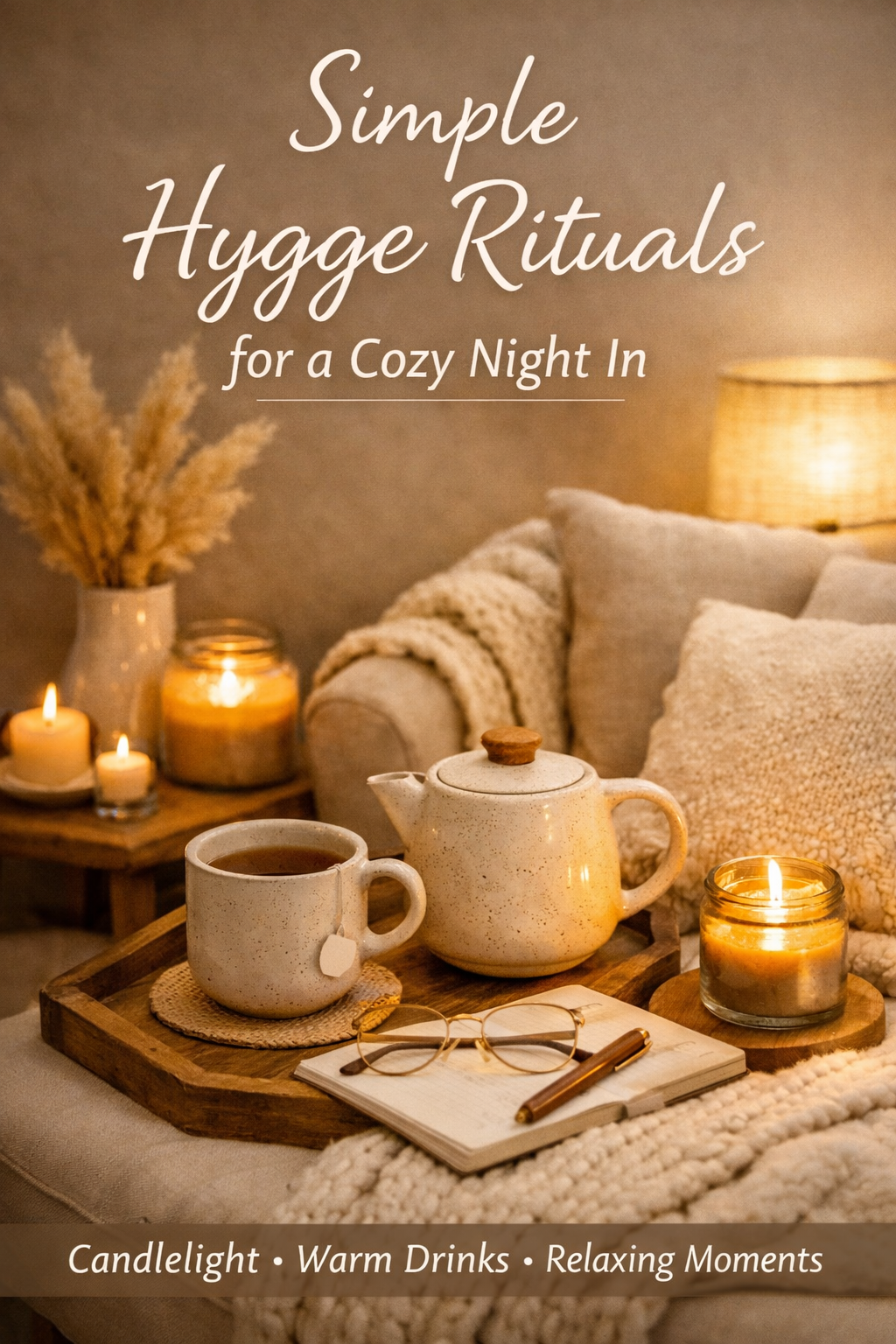 A cozy Hygge-inspired evening setup with soft, warm lighting, a lit candle, a ceramic mug, and a chunky knit blanket draped over a neutral armchair. Natural textures, warm wood, and soft beige tones create a calm, inviting atmosphere.