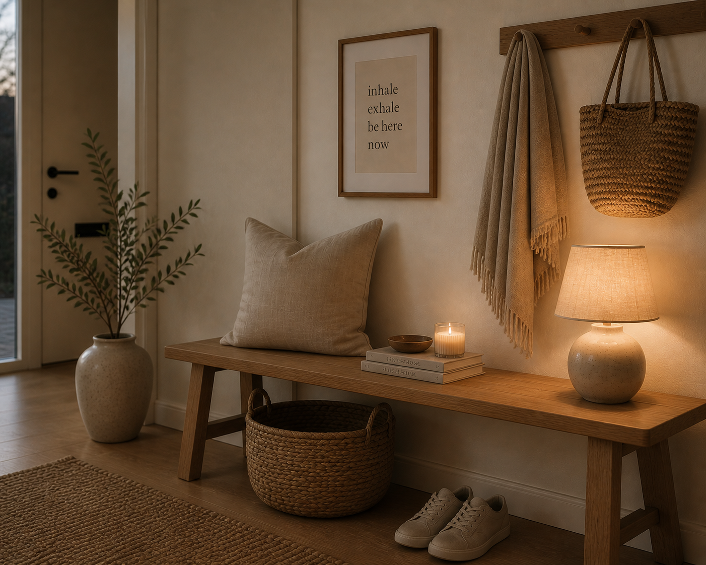 A compact Scandinavian entryway with a slim bench, woven basket, and warm lighting.