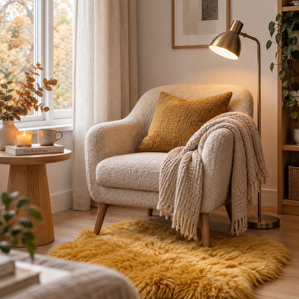 Scandinavian living room styled for an autumn home transition with neutral textures Primary visual keyword: scandinavian autumn home transition