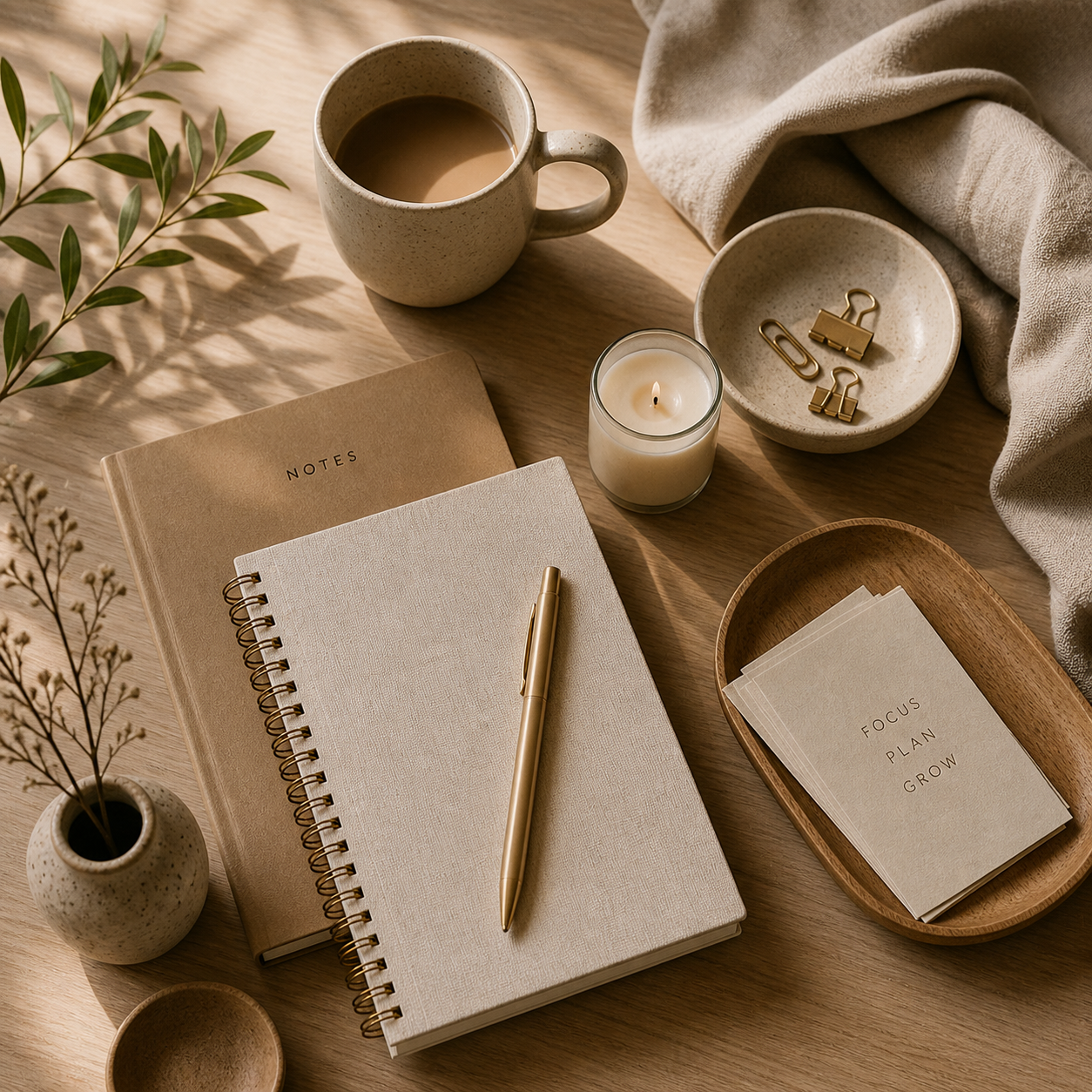 A flatlay of workspace essentials including a notebook, pen, ceramic mug, and linen cloth in neutral tones.