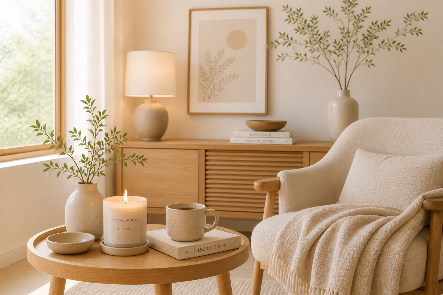 A cozy Scandinavian corner with a lit candle and warm evening glow for a calming weekend moment.