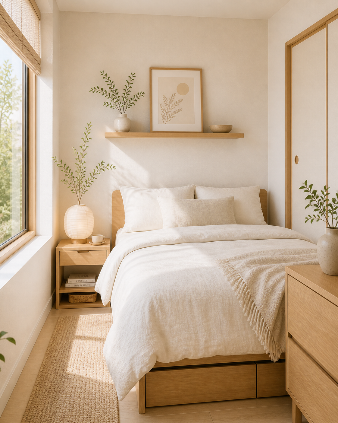 Soft neutral linen bedding with airy summer layers in a minimalist Scandinavian bedroom.