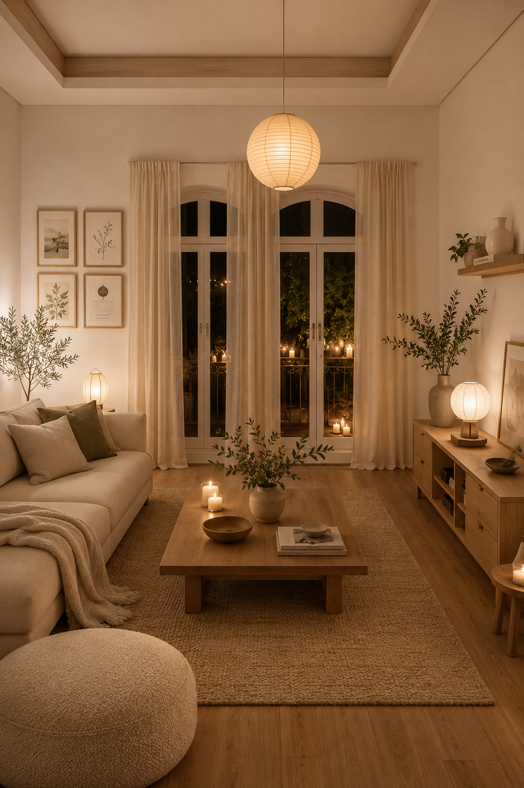 Airy neutral living space styled with soft fabrics and Scandinavian summer accents