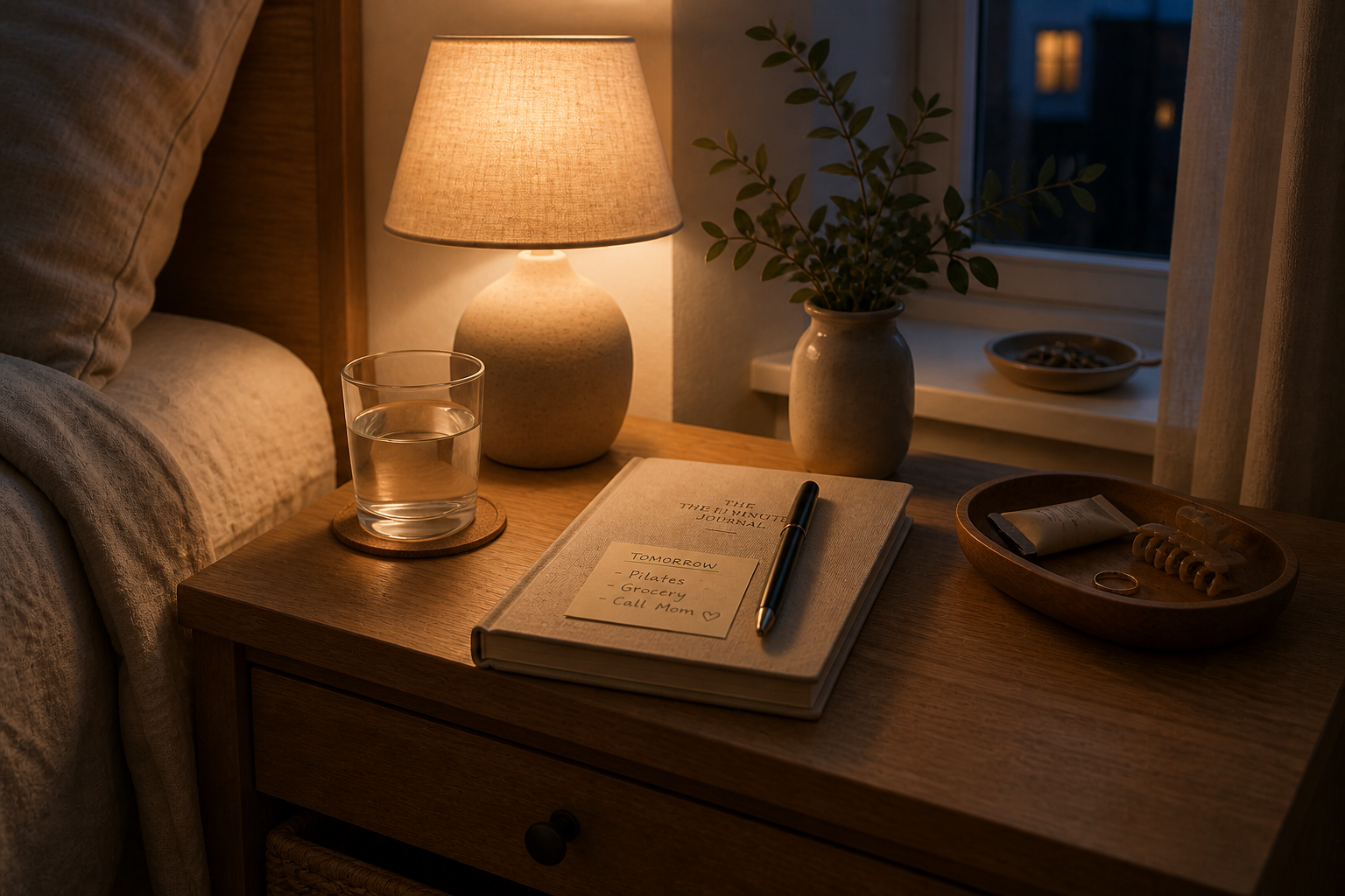 A minimalist bedside table with a warm lamp, book, and linen bedding in soft evening light.