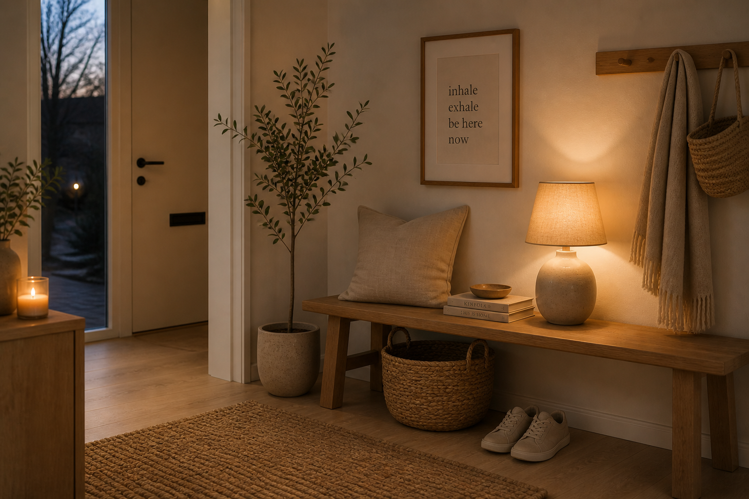 A warmly lit Scandinavian entryway with candlelight and soft textures.