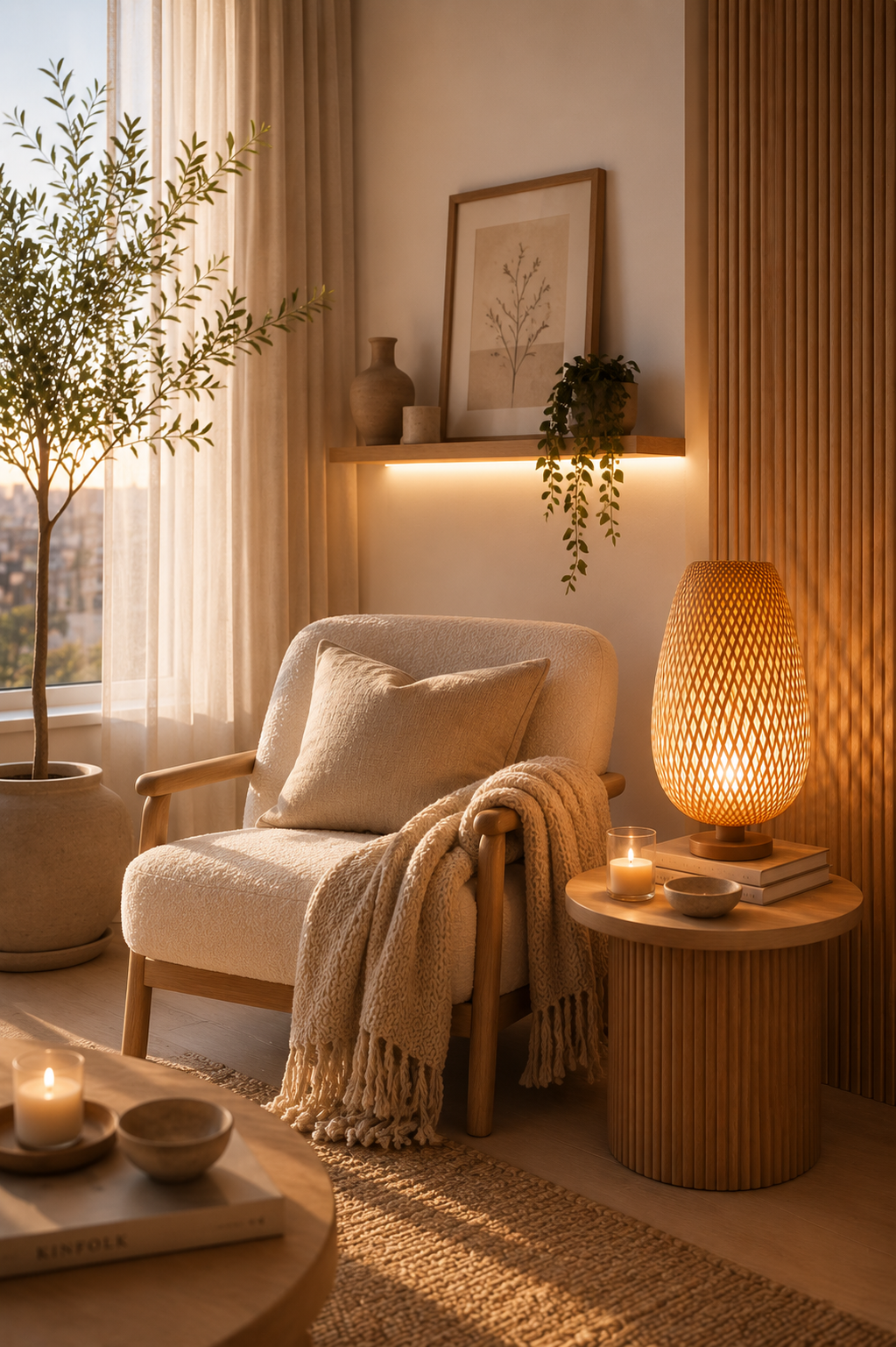 Soft, hygge reading corner with warm light and neutral decor.