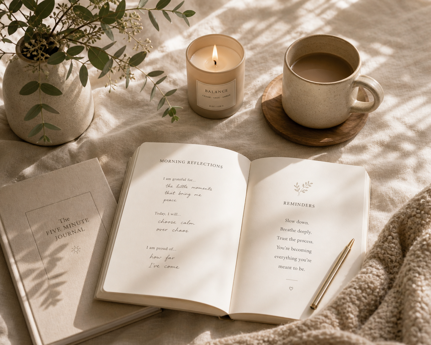 Neutral flat lay with a notebook, coffee, candle and ceramic vase.