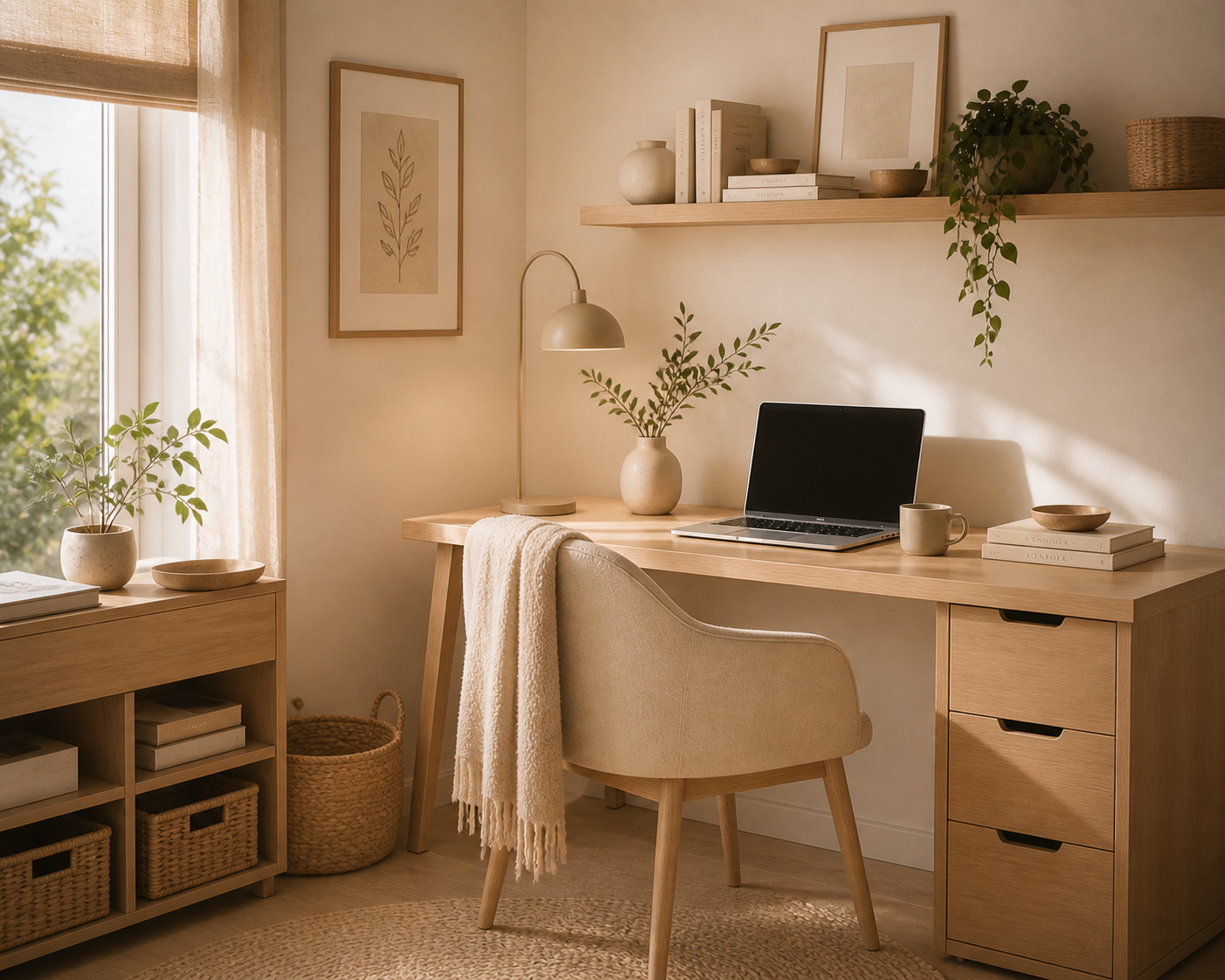A calm Scandinavian workspace in a small flat with a wooden desk, linen chair, and soft natural light.