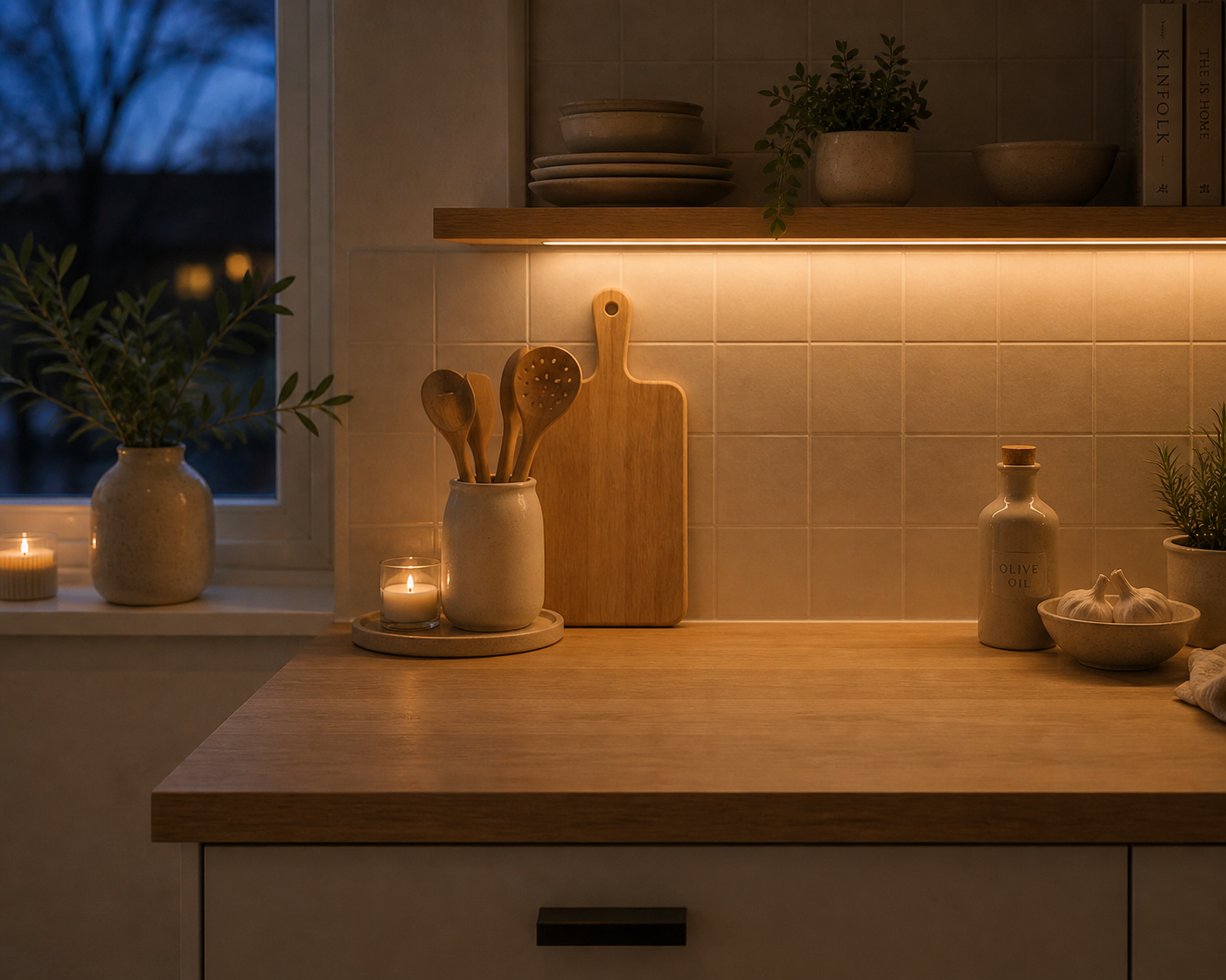 A clean Scandinavian kitchen counter with warm evening light and natural textures.