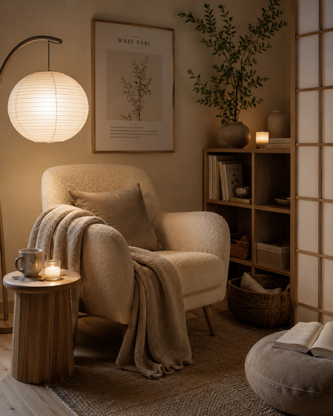 Minimal calm bedroom corner with a neutral chair, soft throw and warm lamp lighting.