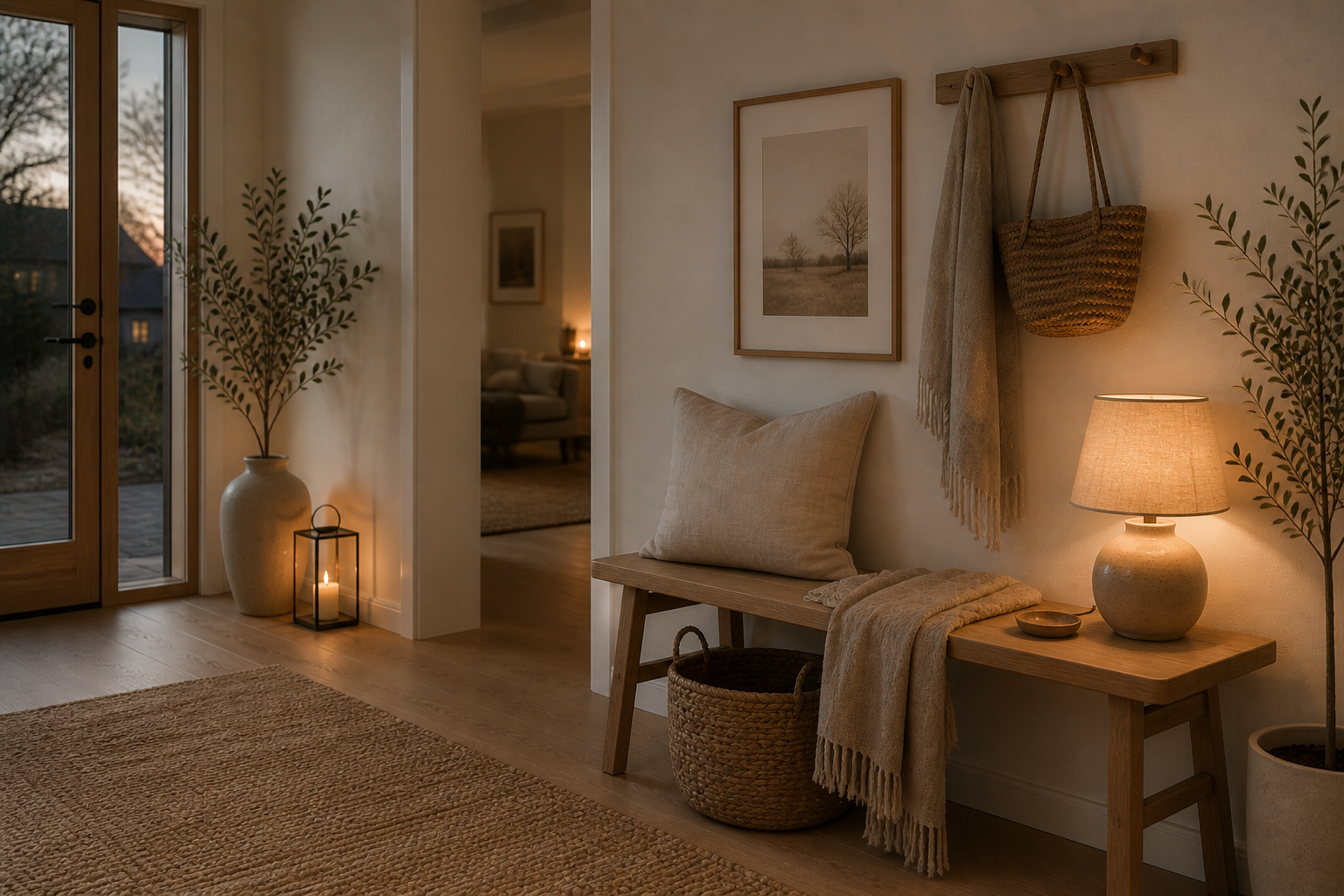 A wooden entryway bench with a linen cushion and woven basket styled in a soft, minimal way.
