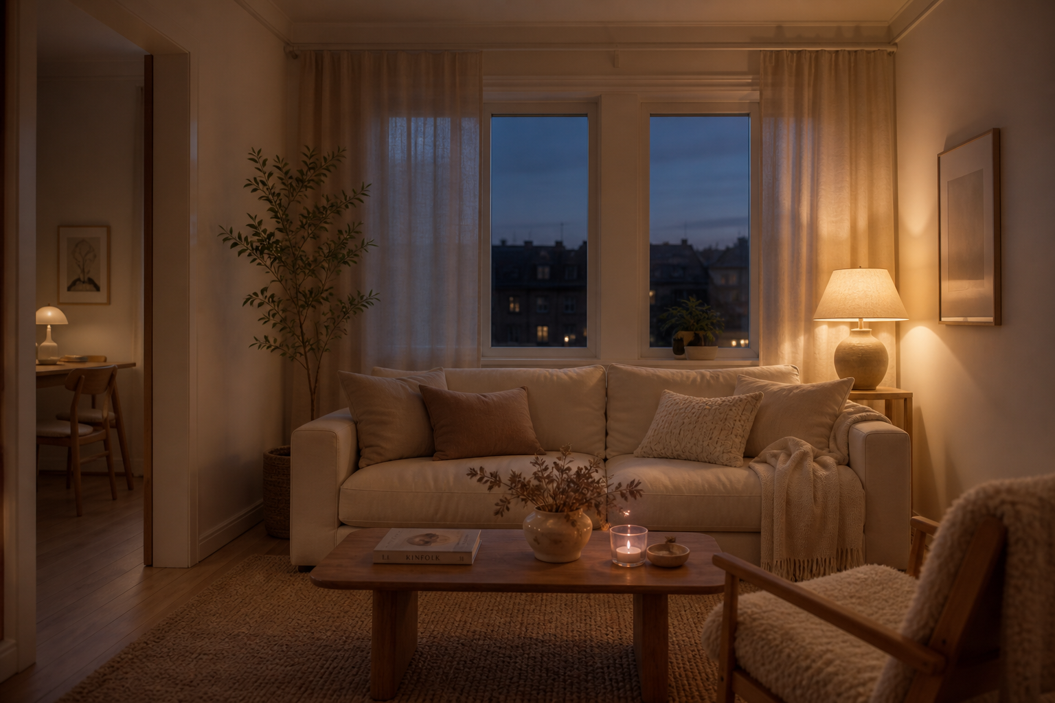 A softly lit Scandinavian living room with warm lighting and neutral tones for a calm evening routine.