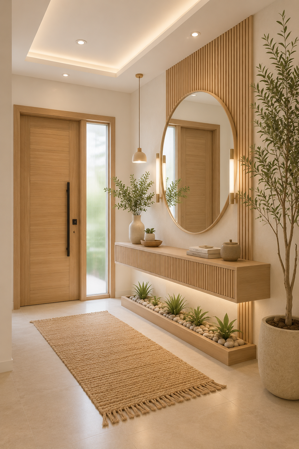 Soft, minimal summer home interior with natural materials and gentle seasonal touches