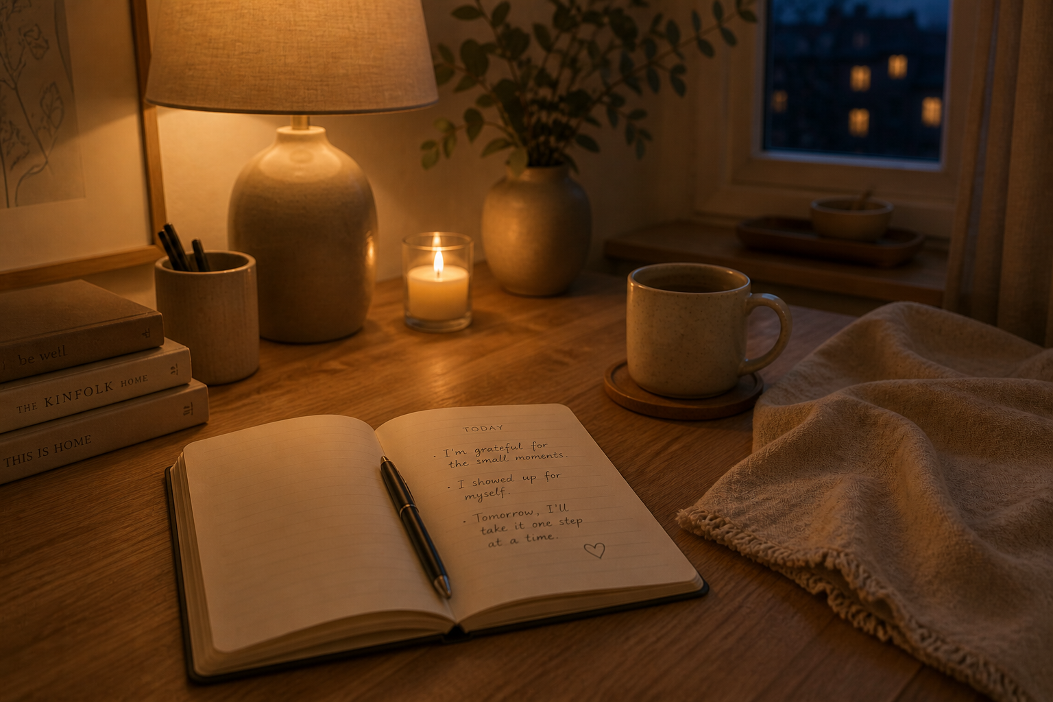 A cozy desk scene with an open notebook, warm lamp, and neutral Scandinavian textures.