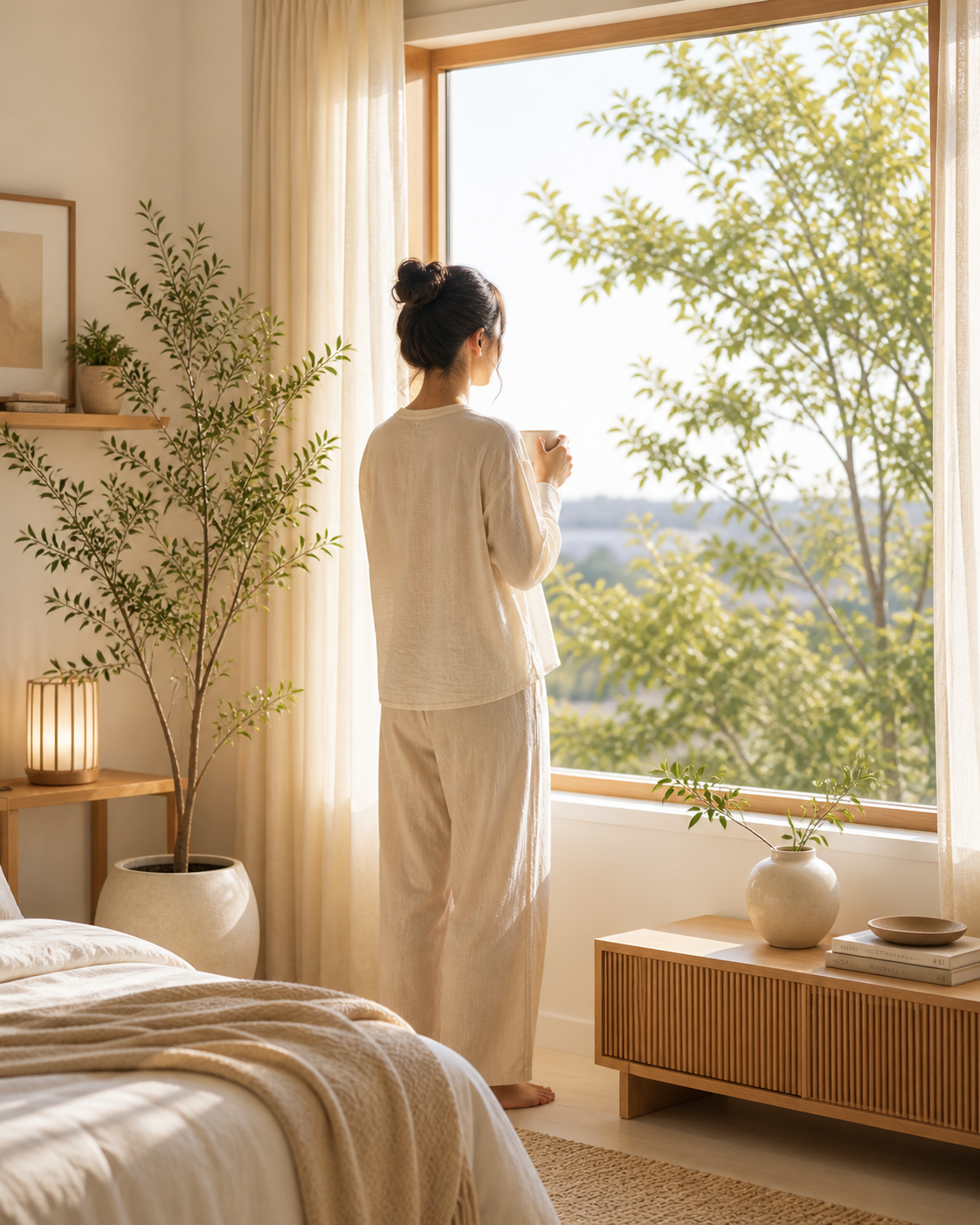 Calm neutral bedroom with soft morning light, a person standing by the window holding a cup.