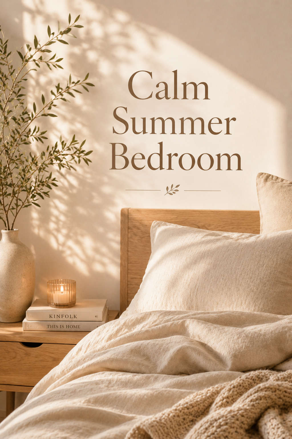 Calm summer bedroom with natural textures and warm, gentle lighting