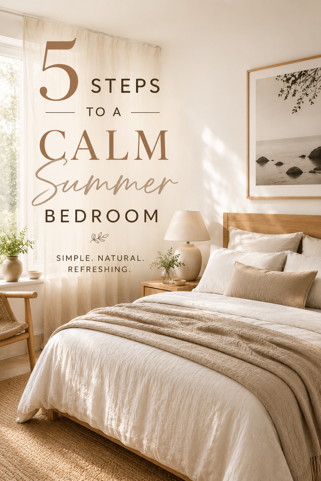 Neutral summer bedroom with linen bedding, warm natural light and minimalist Scandinavian décor.