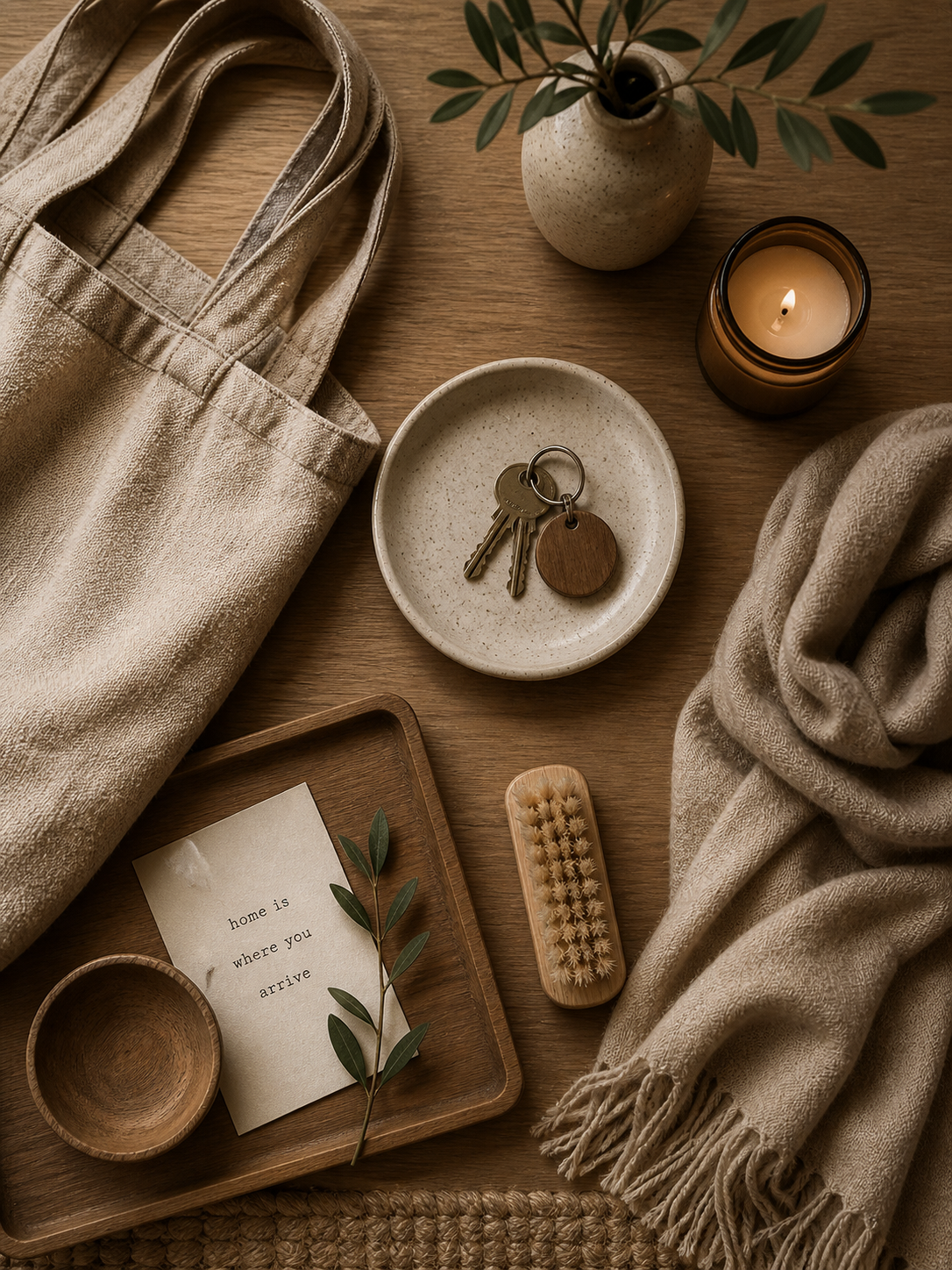 A flatlay of entryway essentials including a linen tote, keys, and soft neutral textures.
