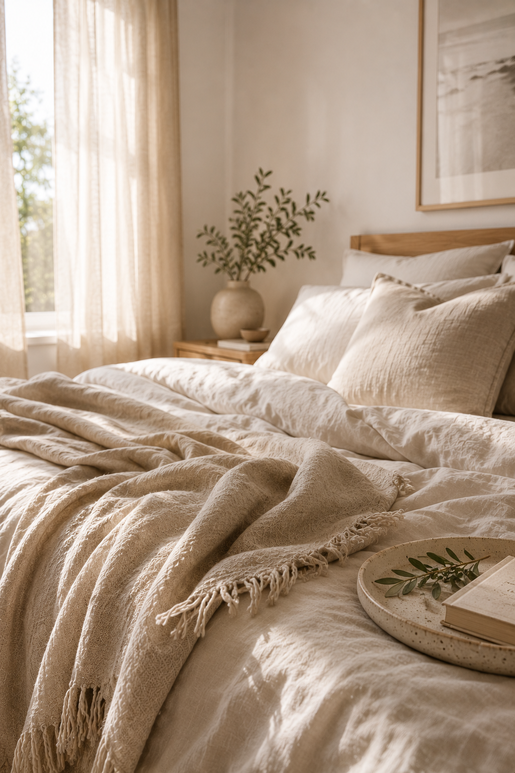 Natural summer textures including warm wood, woven basket and soft neutral fabrics in a Scandi bedroom