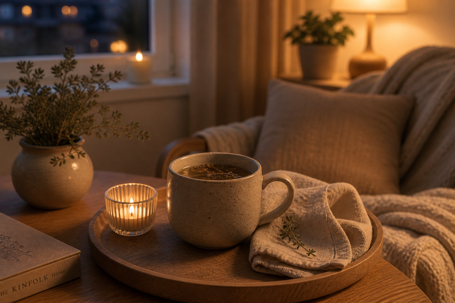 A ceramic mug of herbal tea on a wooden tray with candlelight and soft evening glow.