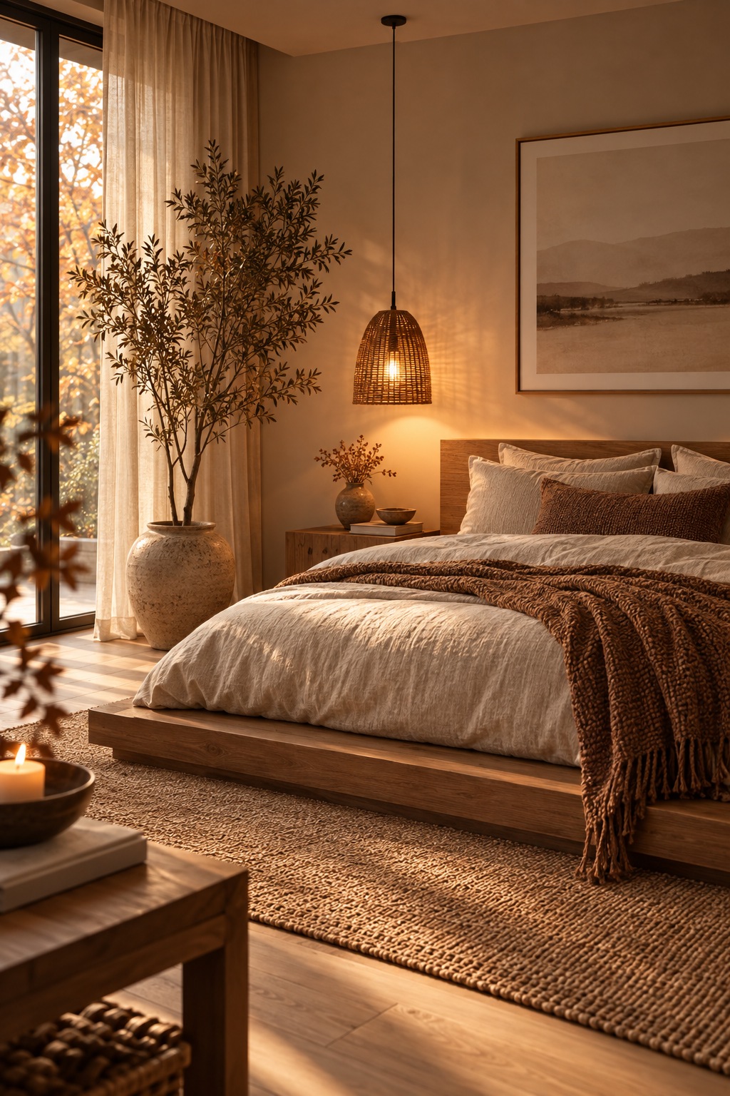 candi Japandi autumn bedroom with warm neutral tones, natural wood, cosy linen bedding, chunky knit throw, woven rug and soft ambient lighting.