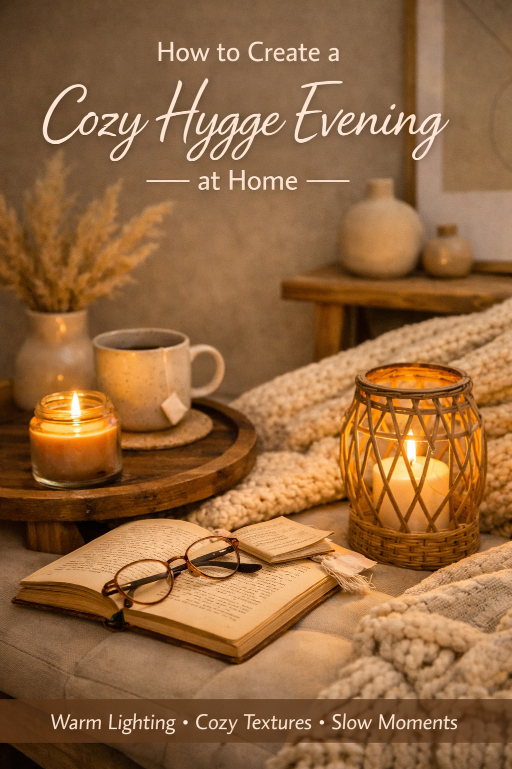 A warm, candlelit nook featuring a woven lantern, an open book, round glasses, and a soft cream blanket. Neutral tones, gentle shadows, and natural textures create a soothing, Scandinavian-inspired evening mood.