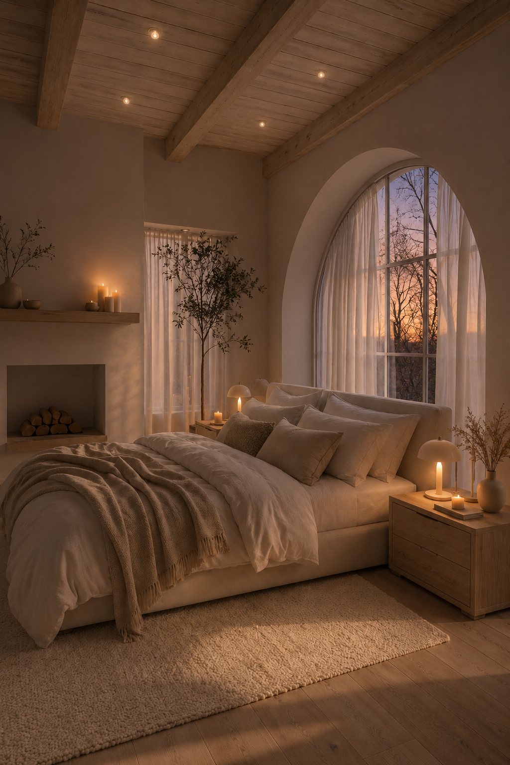 Calm neutral bedroom at sunset with warm candlelight, soft beige bedding and wood accents.