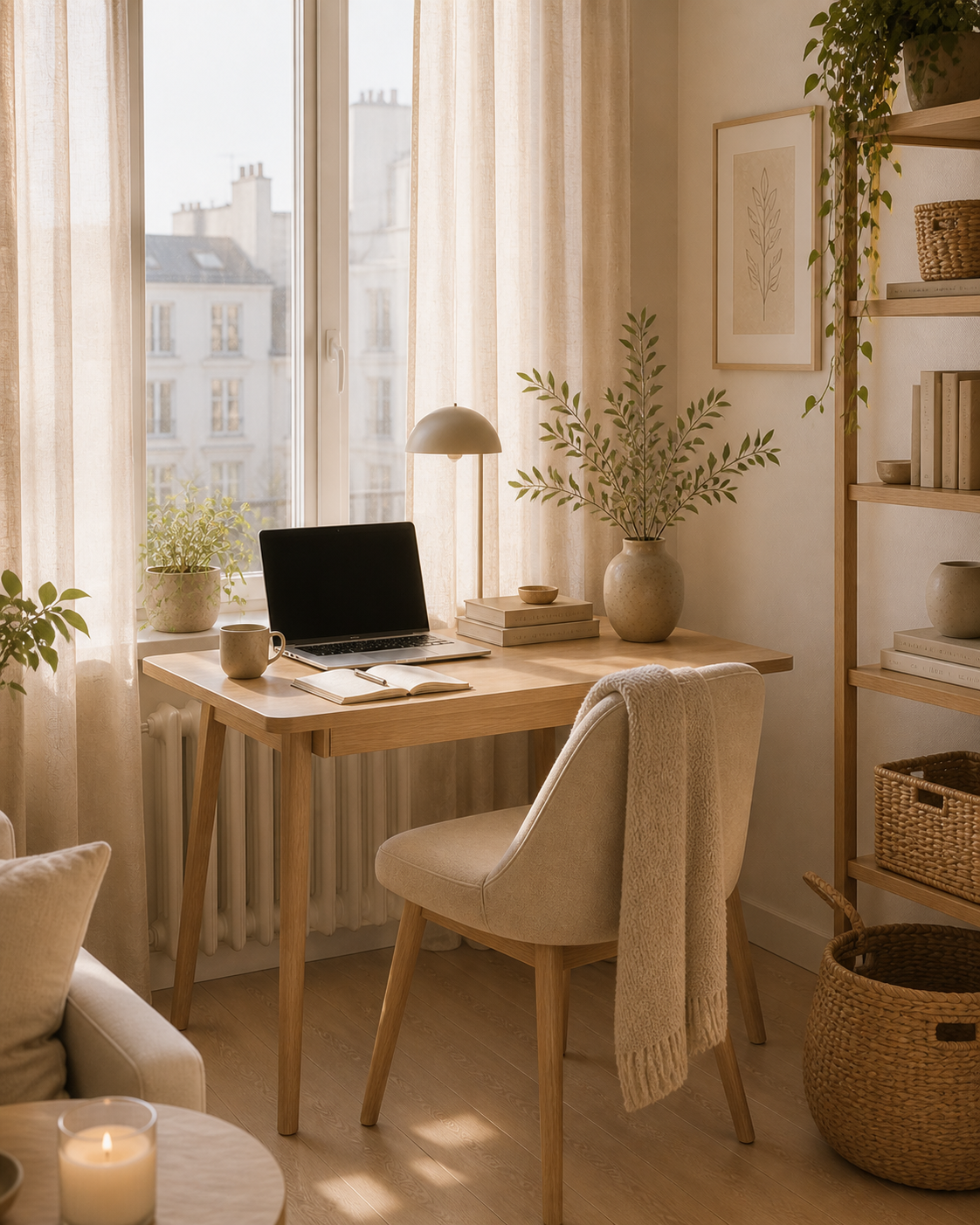 A calm Scandinavian workspace in a small flat with a wooden desk, linen chair, and soft natural light.
