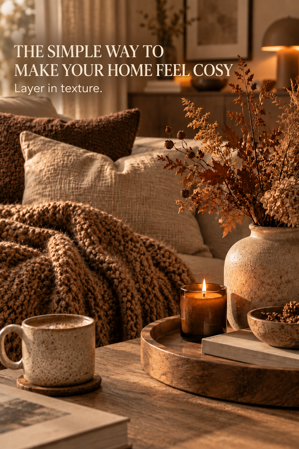 A warm setting with chunky knit blankets, layered neutral pillows, a ceramic vase of dried foliage, candlelight, and natural wood accents.