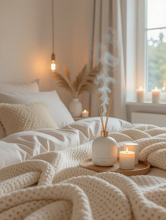 Wooden tray on a neutral bed with candle, diffuser, and dried pampas grass in soft natural light.