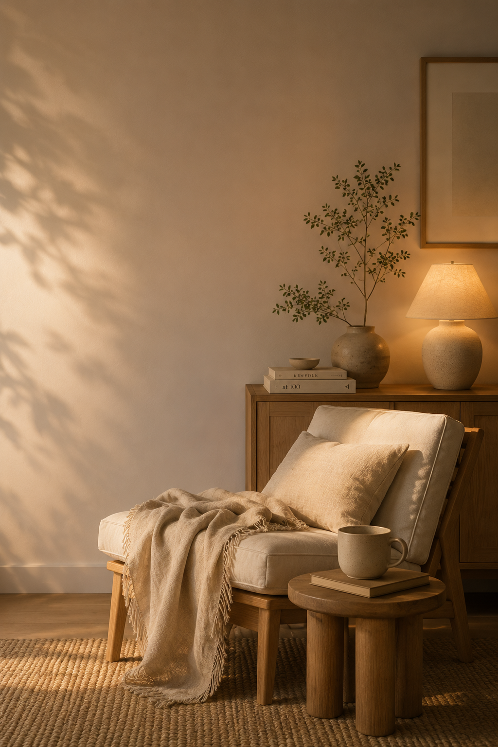 Scandinavian living room corner with a green plant in a ceramic pot