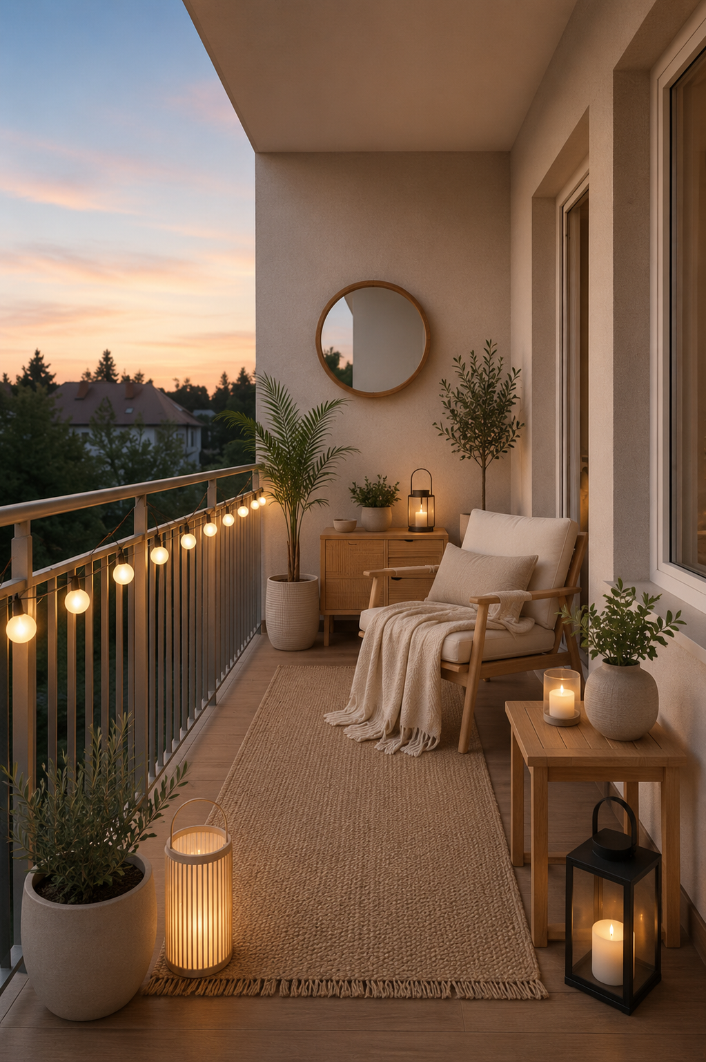 Airy neutral balcony with light summer textiles and simple Scandinavian outdoor decor