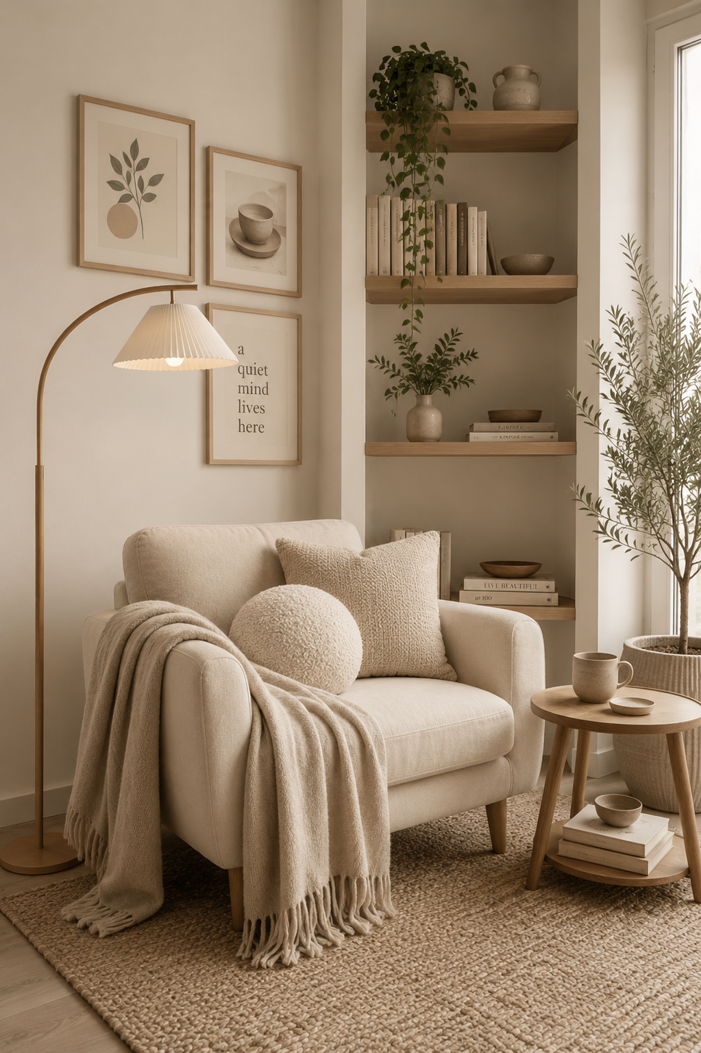 Layered textures in a Scandinavian living room, wool throw and linen cushions