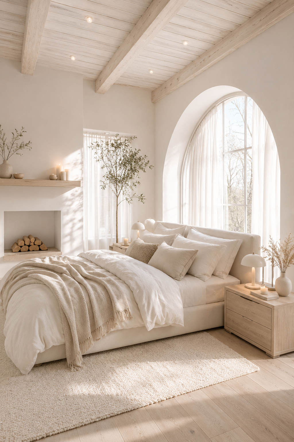 Bright, minimalist summer bedroom with white and beige linen bedding, warm wood nightstands, matching lamps, sheer curtains, an arched window, exposed white ceiling beams and a tall potted plant creating a calm. airy Scandinavian feel.