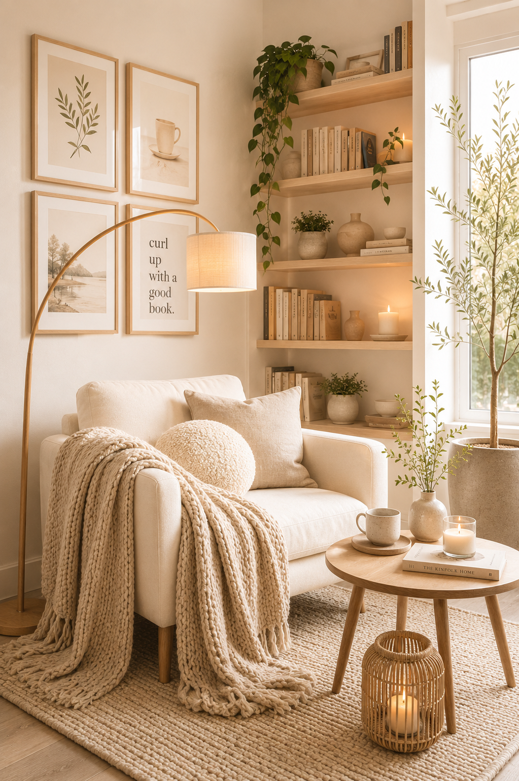 Cozy neutral reading corner with a cream armchair, warm wood lamp and styled shelves.