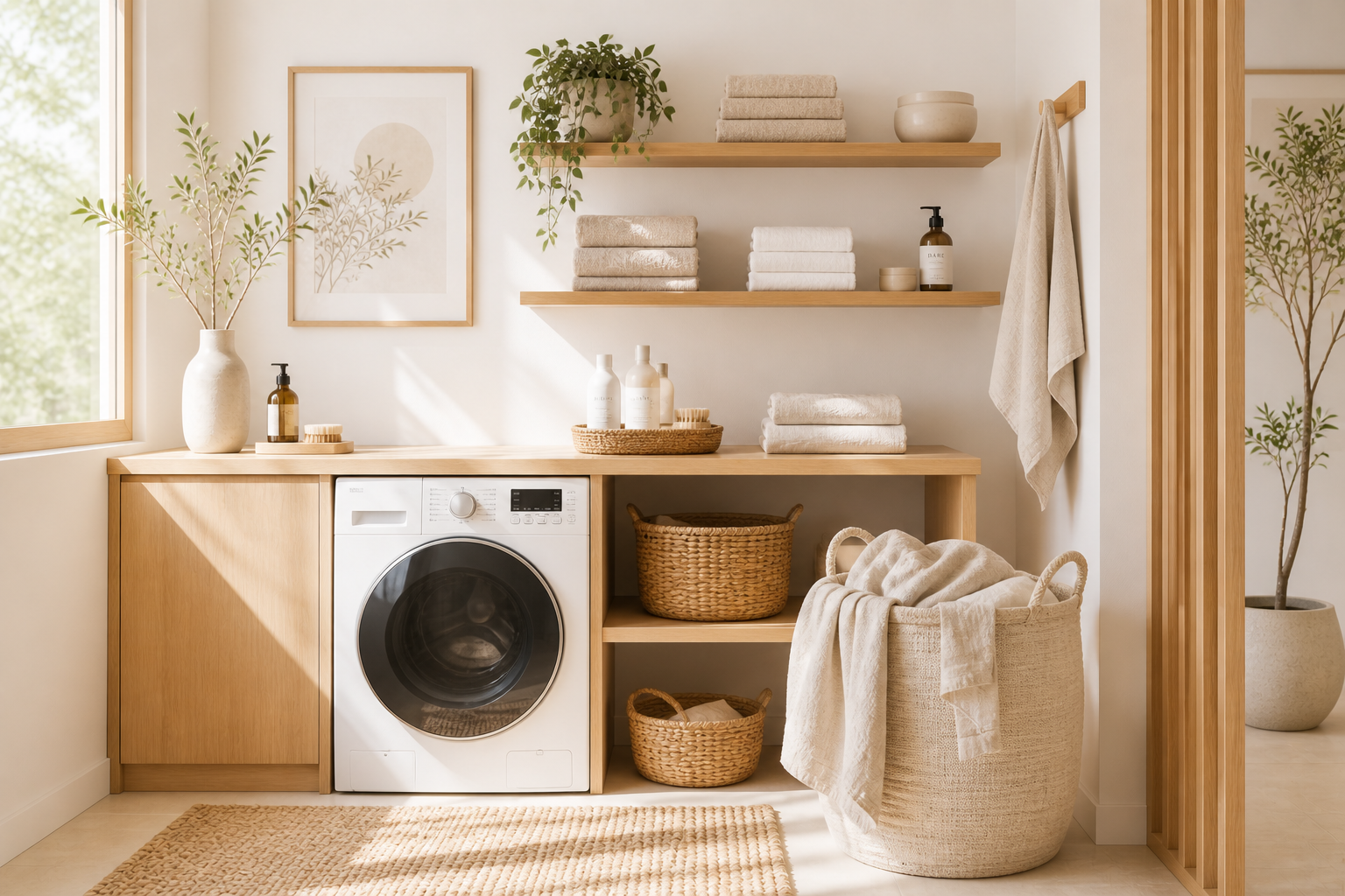 A calm Scandinavian laundry corner with a linen basket and folded towels in soft natural light.