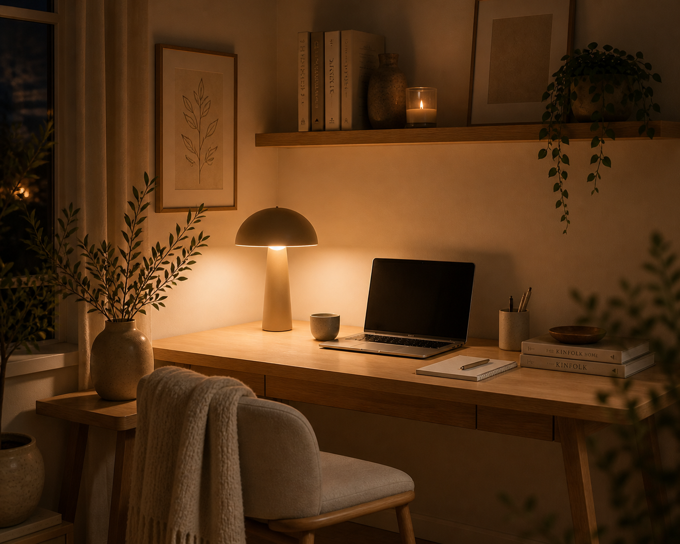 A warm desk lamp glowing softly on a wooden Scandinavian desk with neutral tones and calm evening light.