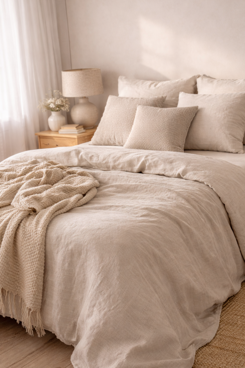Neutral Scandinavian bedroom with soft beige and white tones