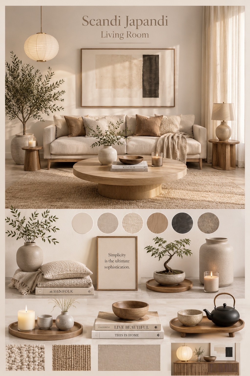 Scandi Japandi living room with neutral sofa, wooden coffee table, ceramic vases, candles, and natural textures in a minimalist beige palette.