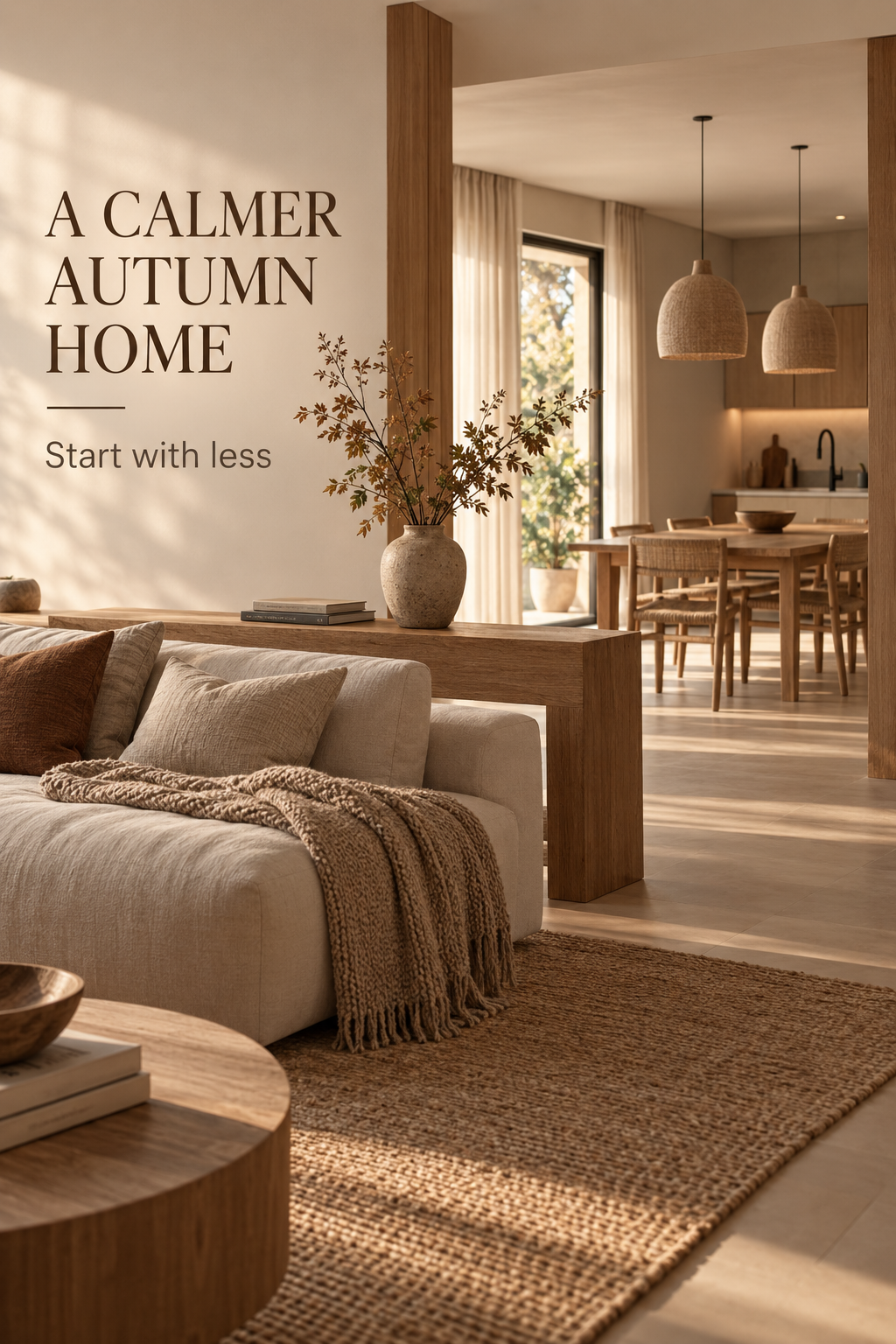A calm autumn home with warm neutral tones, natural wood, soft textures, and seasonal branches.
