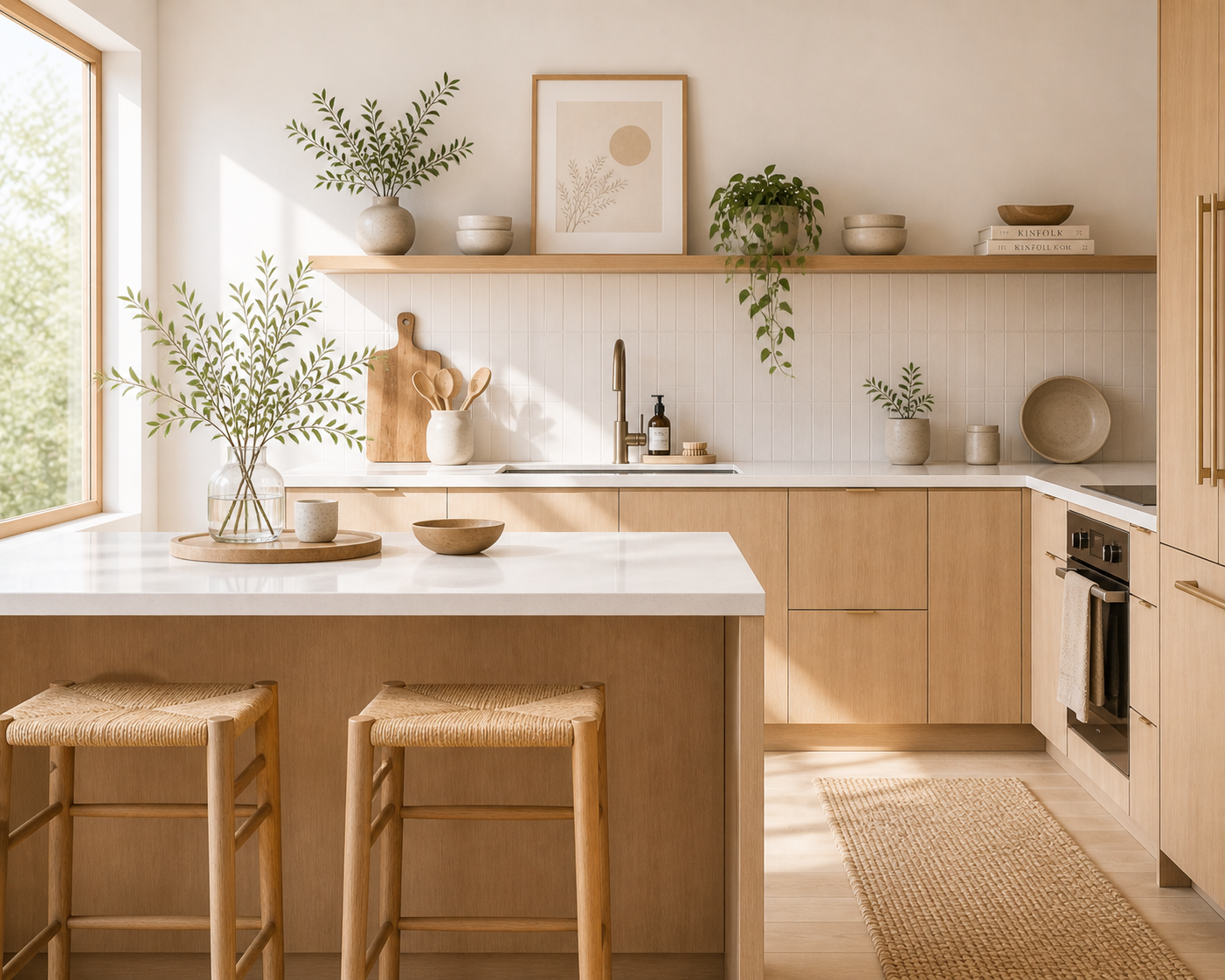 A clean Scandinavian kitchen with wooden accents and warm natural light during a weekend reset.