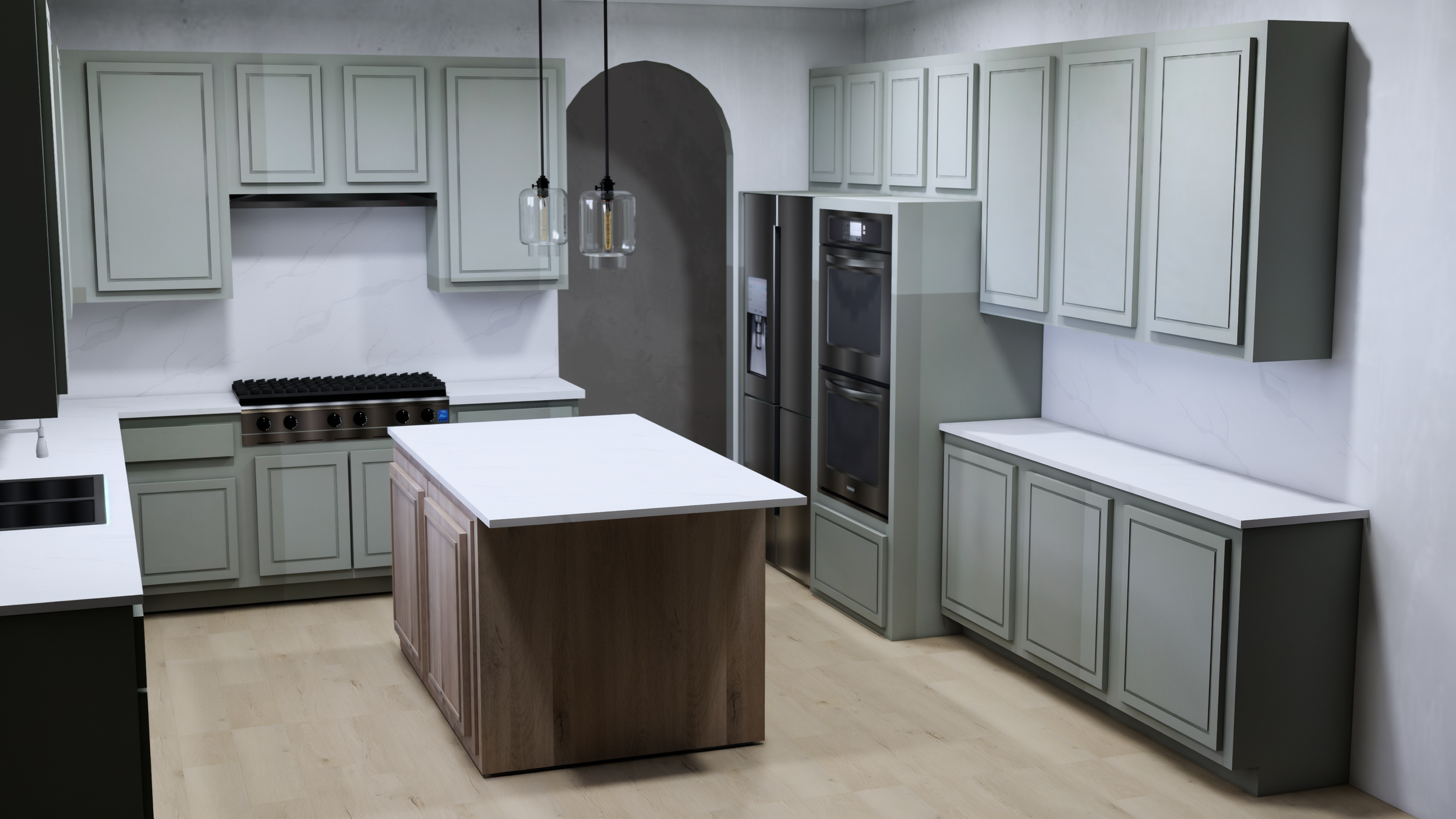 Modern kitchen with light green cabinets, white countertops, a central island with a wood finish, stainless steel appliances including double wall ovens and a refrigerator, pendant lighting, and light wood flooring.