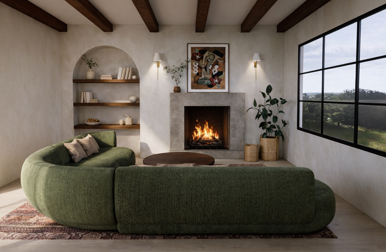 Living room with a green curved sofa, a fireplace with a fire burning, a large window showing a landscape, wall-mounted lights, and built-in wooden shelves with decor items.