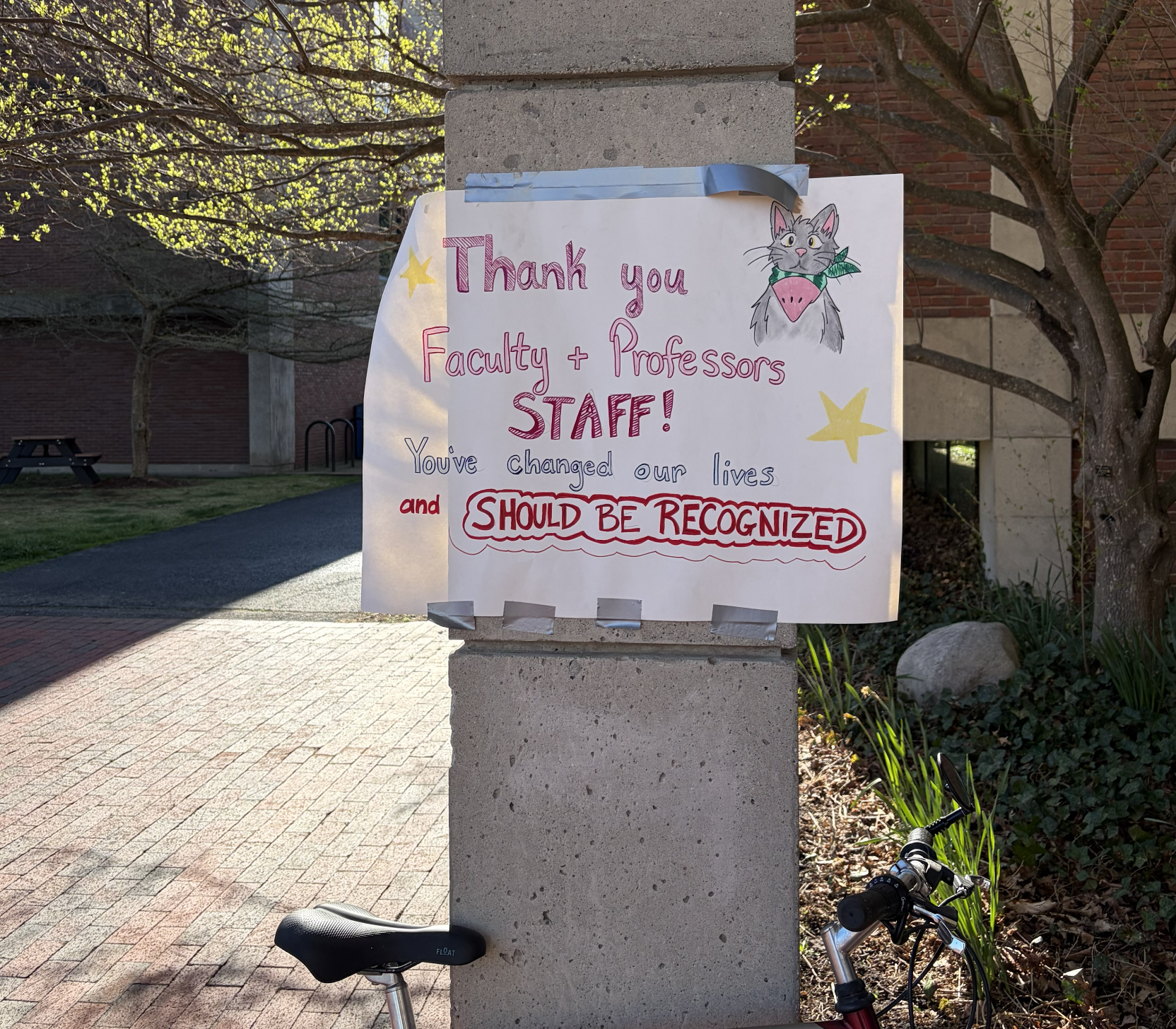 Handmade thank you sign on a concrete pillar expressing appreciation to faculty, professors, and staff, with a drawing of a cat holding a watermelon slice, star decorations, and bright colors, located in an outdoor campus area with trees and brick buildings.