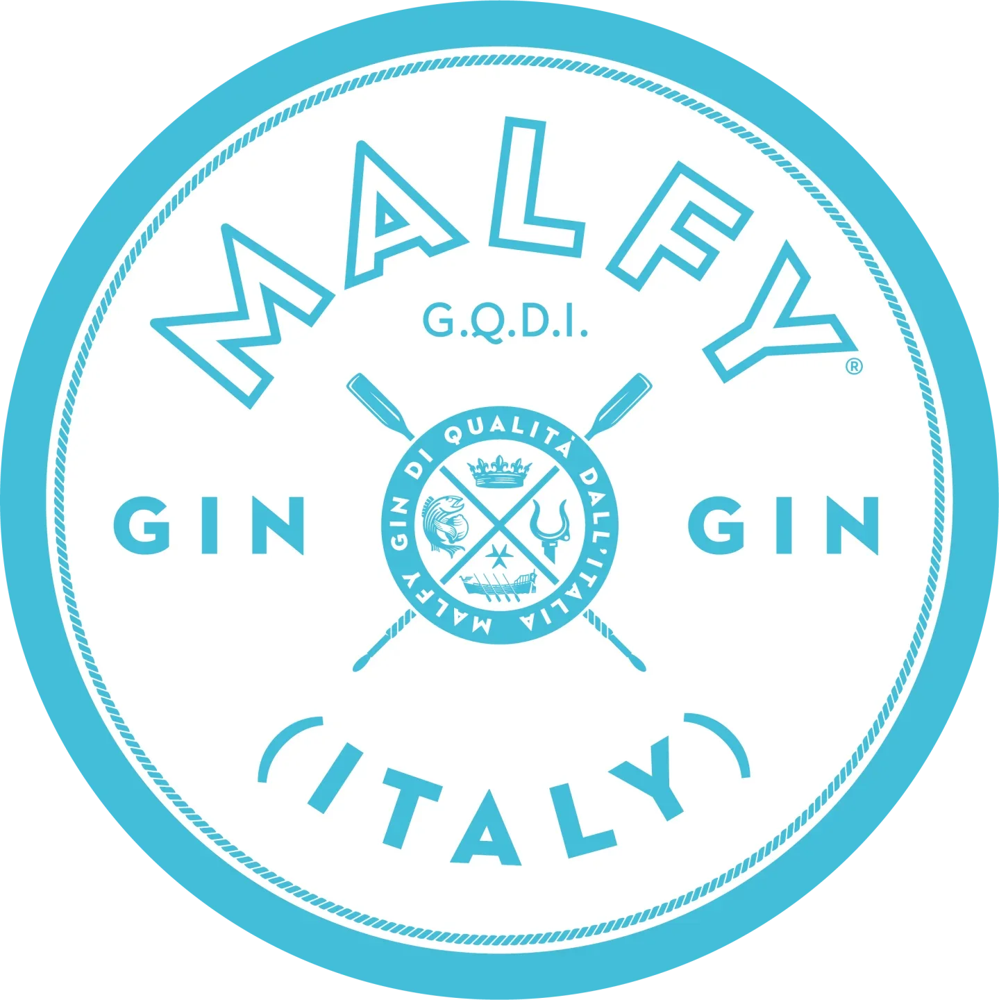 A circular logo for Malfy Gin, featuring the words 'Malfy G.Q.D.I.' at the top, a central emblem with a crown, a fish, a flame, a boat, and the phrase 'GIn DI QUALITÀ DALL'ITALIA' encircling them. The words 'GIN' appear on either side of the emblem, and the bottom part of the circle contains the word 'CITTA'.