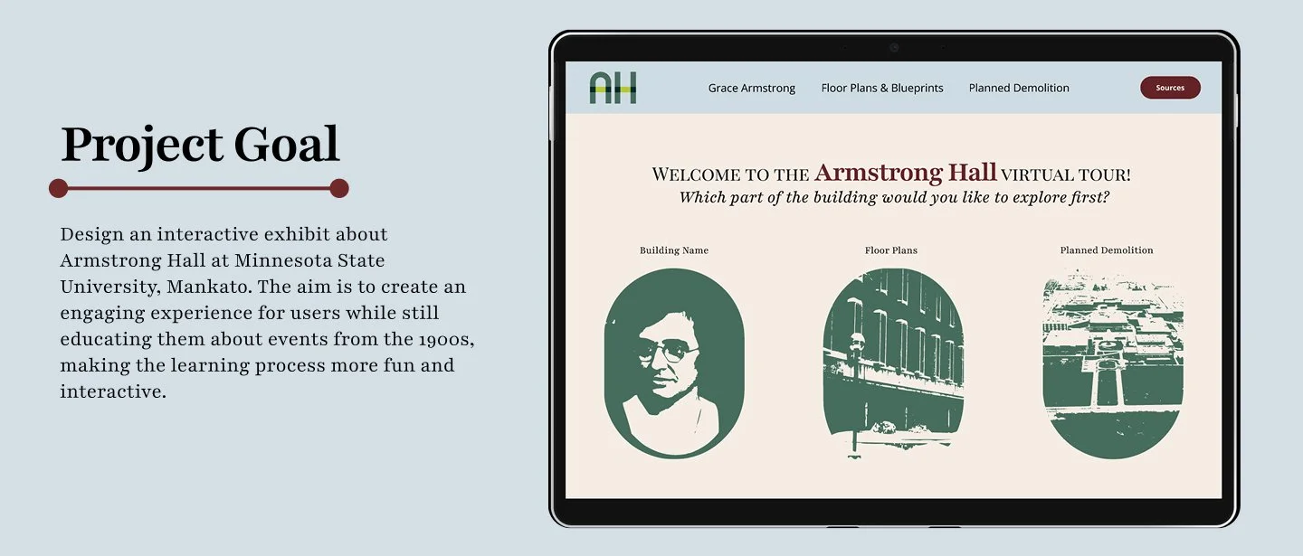 Screenshot of a digital exhibit about Armstrong Hall at Minnesota State University, Mankato, featuring a virtual tour interface with options for building name, floor plans, and planned demolition; also displays a project goal description on the left.