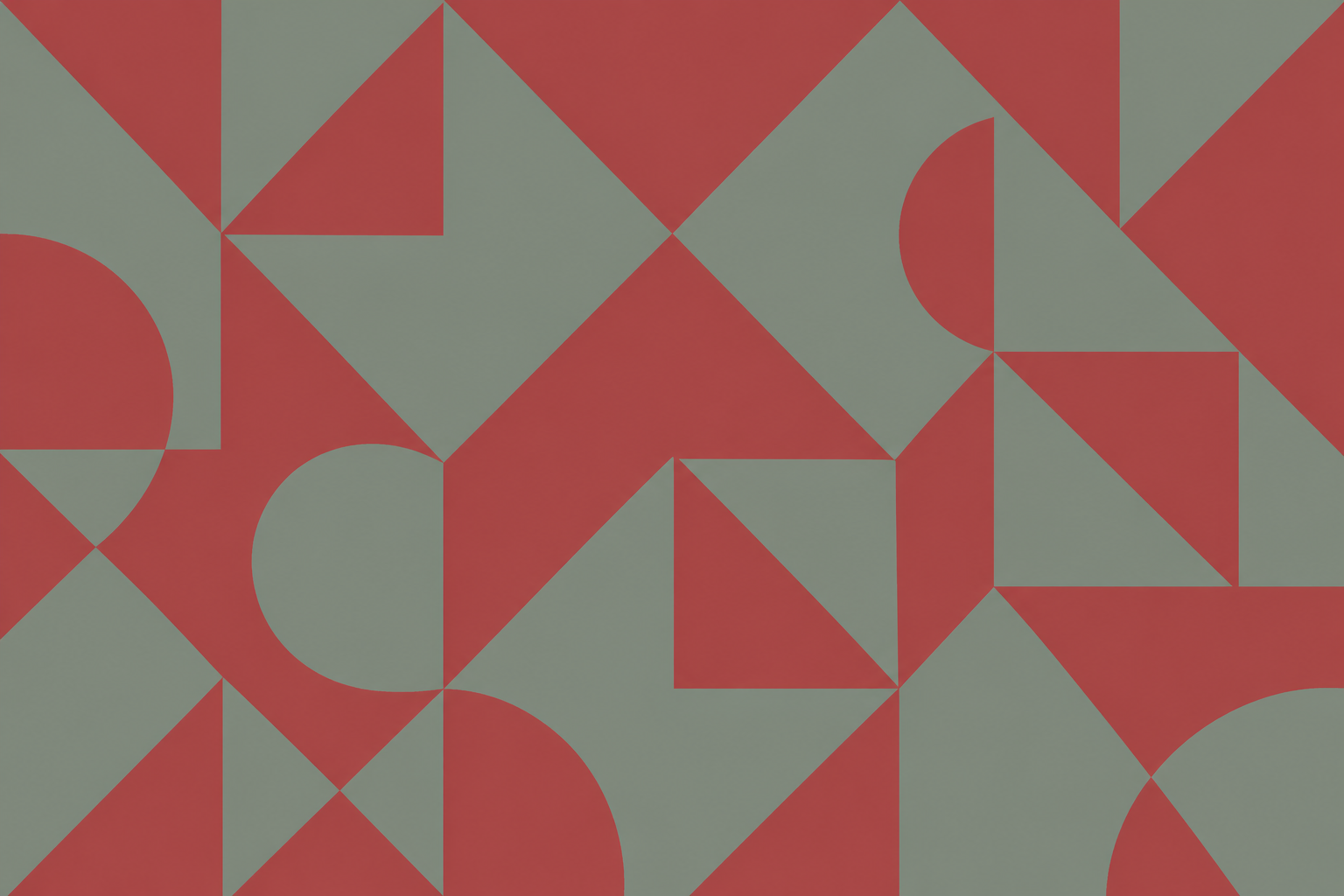 Abstract geometric pattern with red and muted green shapes including circles, triangles, squares, and semicircles.
