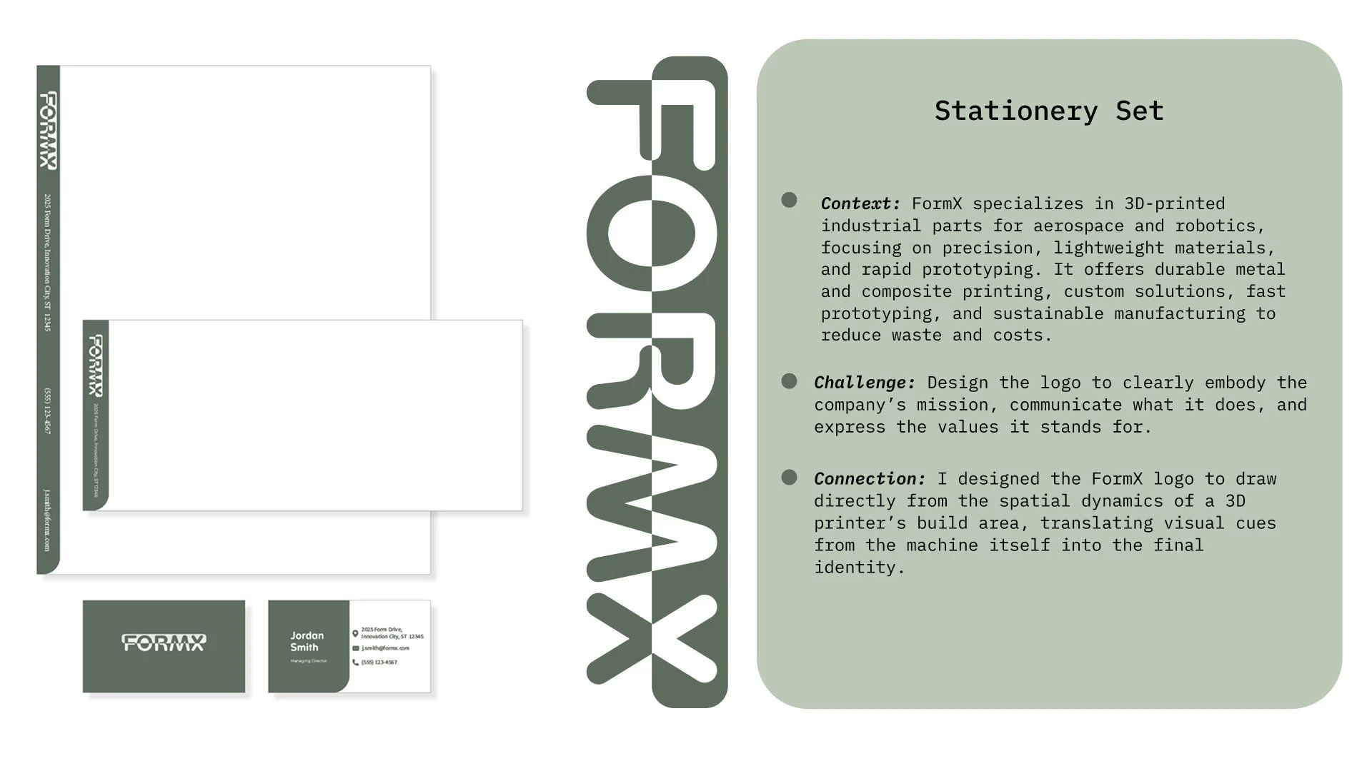 A marketing material featuring a green section with text about FormX's 3D-printed industrial parts, and sample business cards with the FormX logo and contact information.